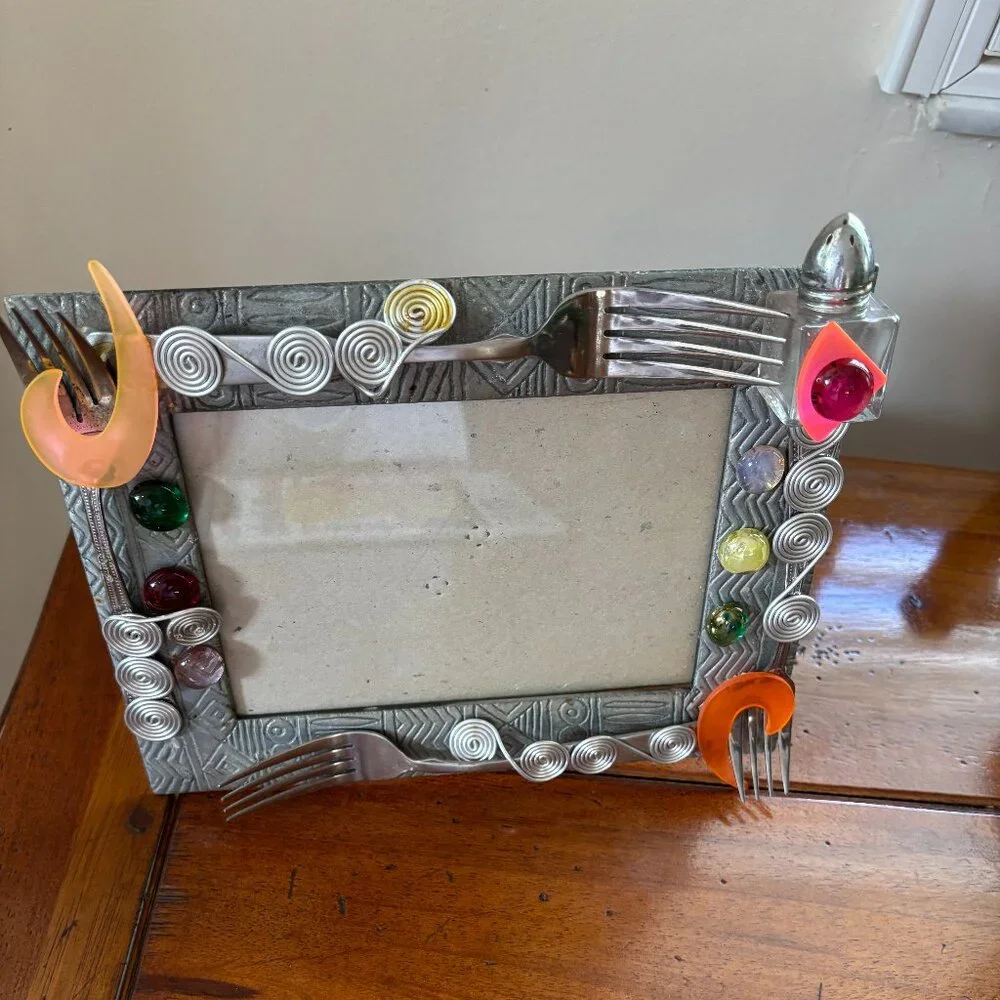 Picture Frame with Jewels and Kitchen Forks attached